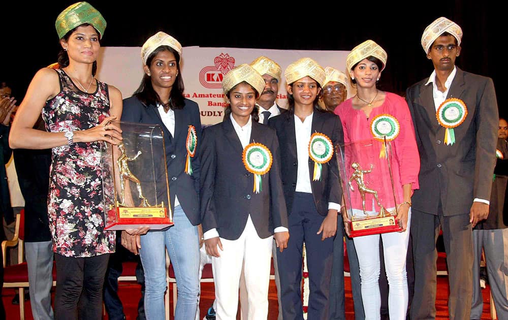 Asiad medal winners at a felicitation ceremony organised by Karnataka Amateur Athletics Association (KAAA) in Bengaluru.