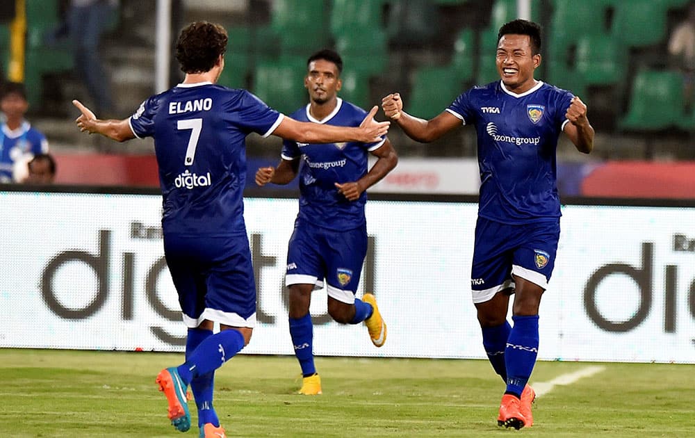 CHENNAI FC PLAYER ELANO BLUMER CELEBRATES WITH HIS TEAMMATES AFTER SCORING A GOAL AGAINST MUMBAI CITY FC DURING THE INDIAN SUPER LEAGUE MATCH IN CHENNAI.