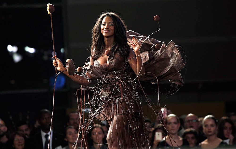 A model presents a chocolate dress during a show as part of the chocolate fair in Paris.