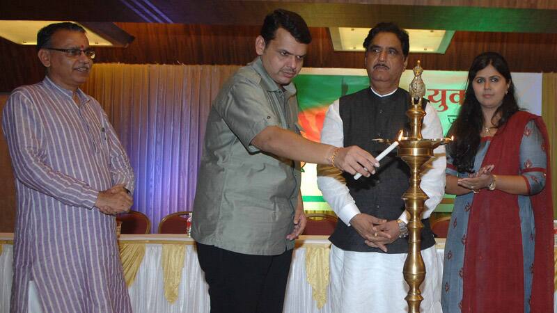 File Photo: Bhartiya Janata Yuva Morcha accession programme for newly elected officials and Pankaja Munde-Palwe website inaugration held at Mahila Mandal, Nariman Point. Gopinath Munde,Devendra Fadnavis,Vinod Tawde, Ashish Shelar, Pankaja Munde-Palwe & others were present.