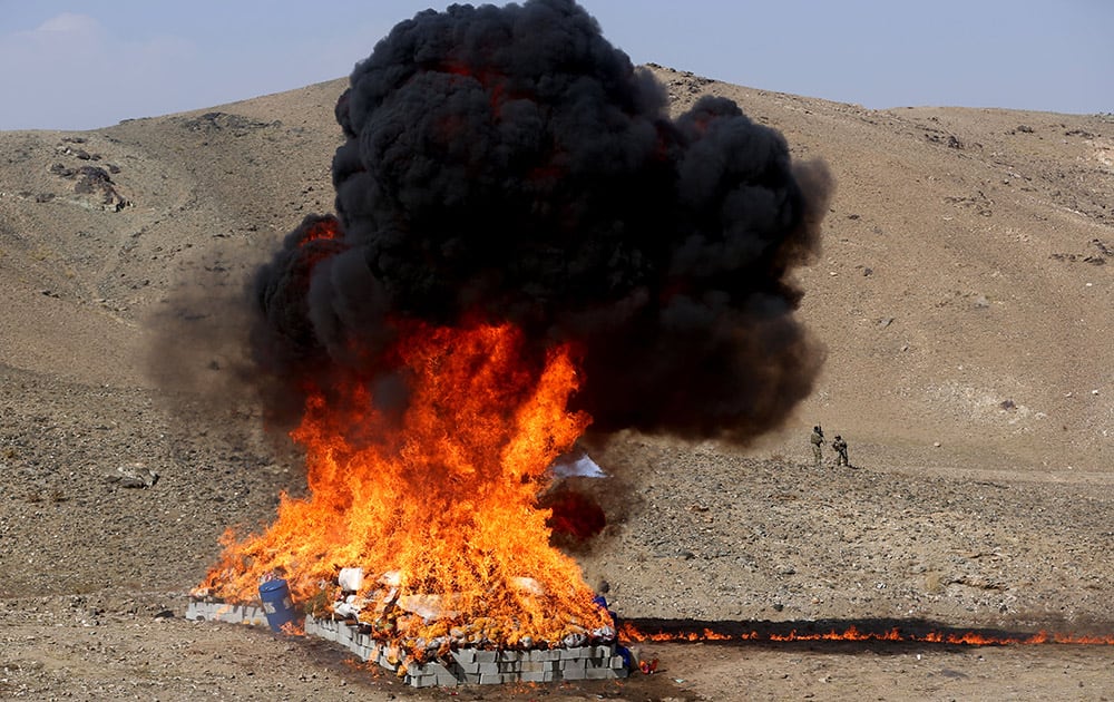 International security forces stand guard as opium and narcotics are set on fire during a drug burning ceremony on the outskirts of Kabul, Afghanistan.
