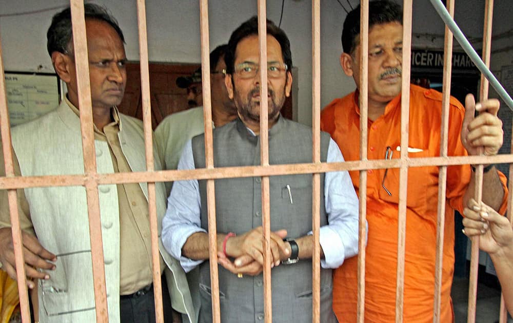 BJP Vice-President Mukhtar Abbas Naqvi and MPs Kirti Azad & Udit Raj after they were arrested for trying to enter the violence-hit area of Makra village under Parui in Birbhum district of 