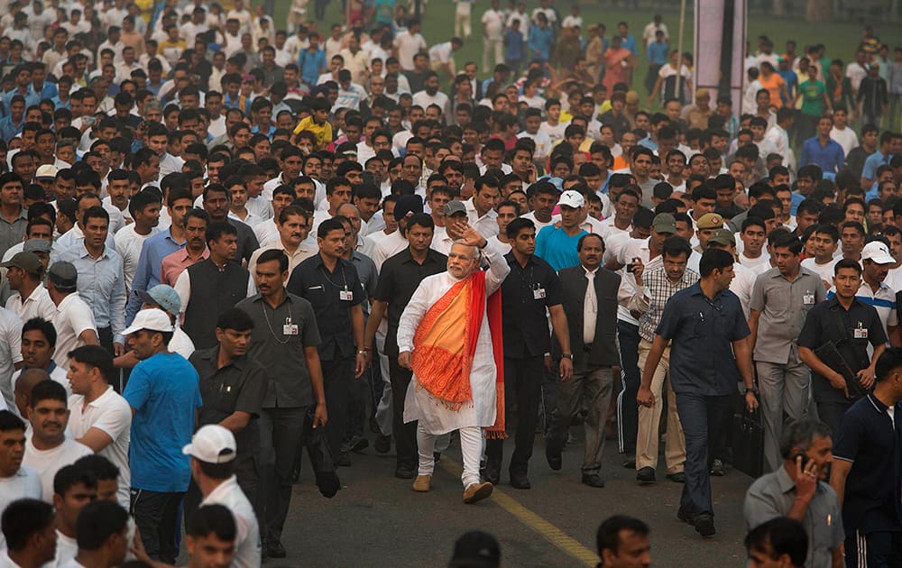 Prime Minister Narendra Modi participates in a run for unity to mark the birth anniversary of Indian freedom fighter and first Home Minister of Independent India Sardar Vallabhbhai Patel in New Delhi.