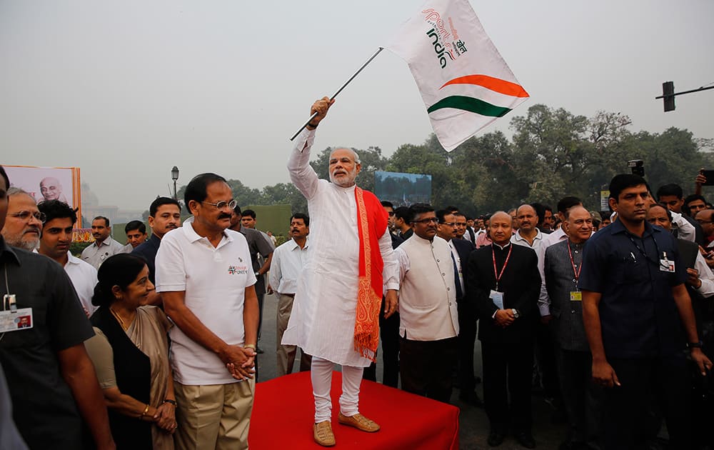 PRIME MINISTER NARENDRA MODI FLAGS OFF A RUN FOR UNITY TO MARK THE BIRTH ANNIVERSARY OF INDIAN FREEDOM FIGHTER AND FIRST HOME MINISTER OF INDEPENDENT INDIA SARDAR VALLABHBHAI PATEL IN NEW DELHI.