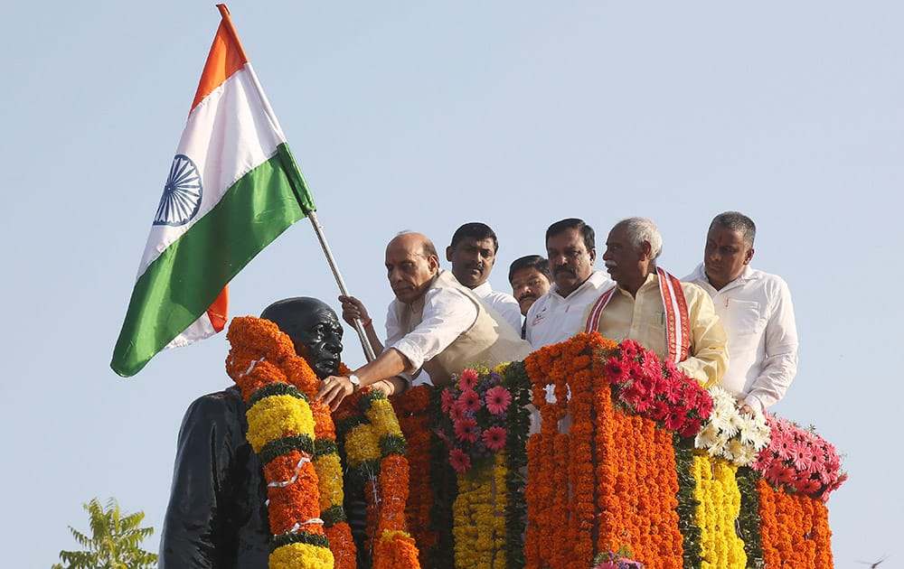Home Minister Rajnath Singh offers a garland to a statue of Sardar Vallabhbhai Patel on the birth anniversary of the freedom fighter and first Home Minister of Independent India in Hyderabad.