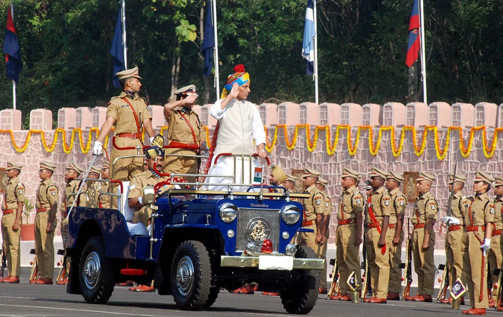 Union Home Minister Rajnath Singh reviews the passing out parade of the 66 RR batch of IPS probationers at SVP National Police Academy, Sivarampally, Hyderabad.