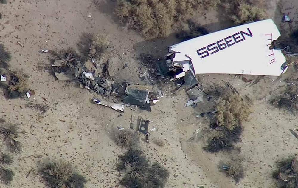 This image from video by KABC TV Los Angeles shows wreckage of what is believed to be SpaceShipTwo in Southern California's Mojave Desert. A Virgin Galactic space tourism rocket exploded after taking off on a test flight, a witness said Friday.