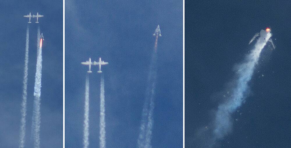 This three image combo photo shows the Virgin Galactic SpaceShipTwo rocket separating from the carrier aircraft, left, prior to it exploding in the air, during a test flight.
