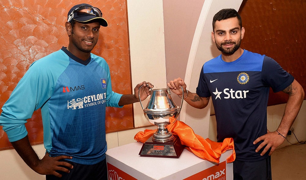 Virat Kohli and Sri Lankan Captain Angelo Mathews unveil the ODI Series Trophy on the eve of their 1st ODI Match at Barabati Stadium in Cuttack.