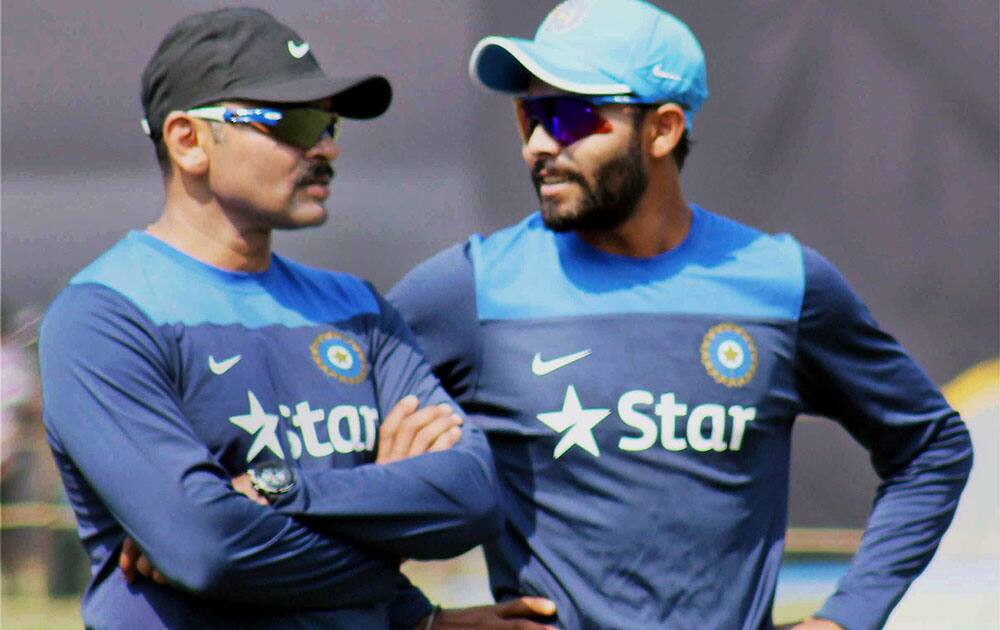 Indian cricket player Ravindra Jadeja during a practice session at Barabati stadium in Cuttack.