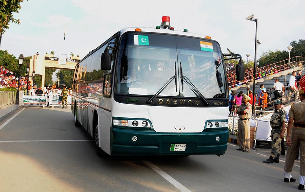 A Delhi-Lahore bus crossing the border gates at international border in Attari.