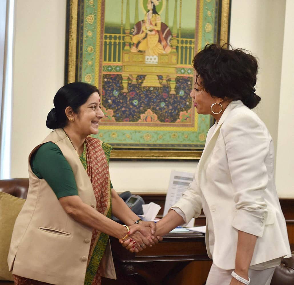 External Affairs Minister Sushma Swaraj shakes hands with Lindiwe Nonceba Sisulu, Minister for Human Settlement , South Africa during a meeting in New Delhi.