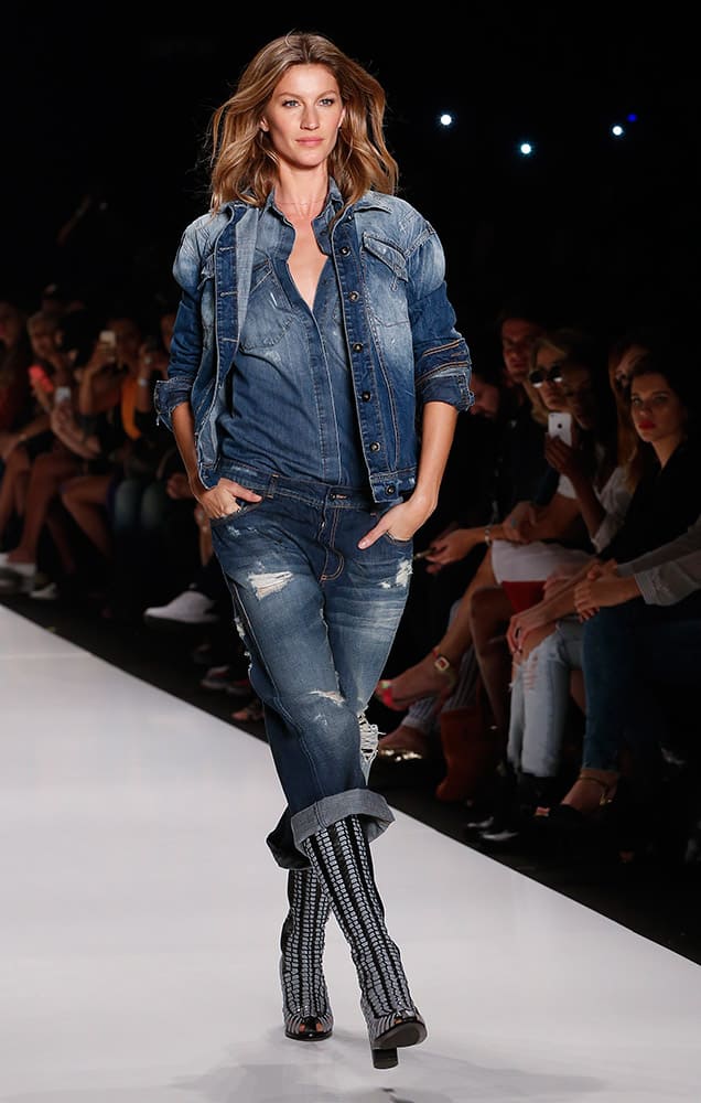 Brazilian model Gisele Bundchen wears a creation from the Colcci Winter collection during the Sao Paulo Fashion Week.