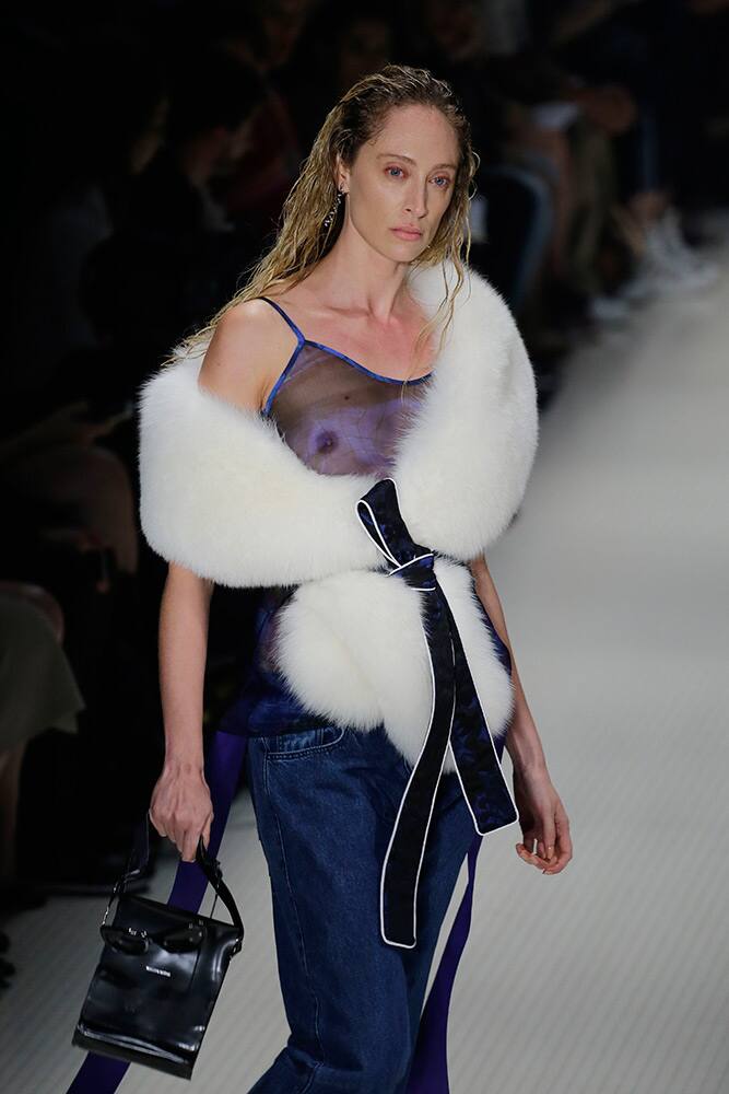 A model wears a creation from the Vitorino Campos Winter collection during the Sao Paulo Fashion Week in Sao Paulo, Brazil.