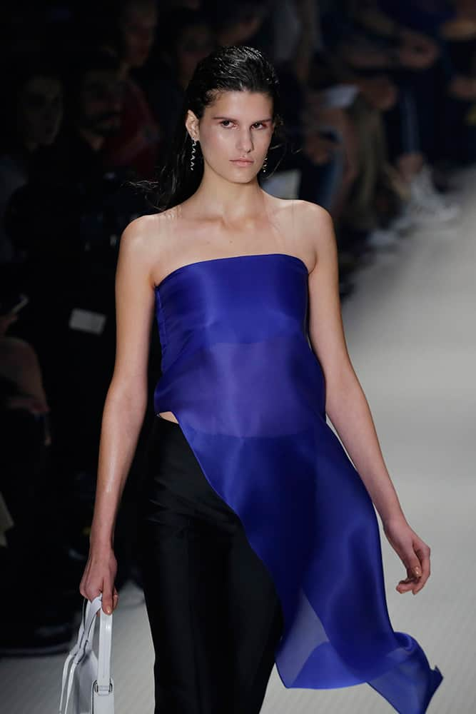 A model wears a creation from the Vitorino Campos Winter collection during the Sao Paulo Fashion Week in Sao Paulo, Brazil.