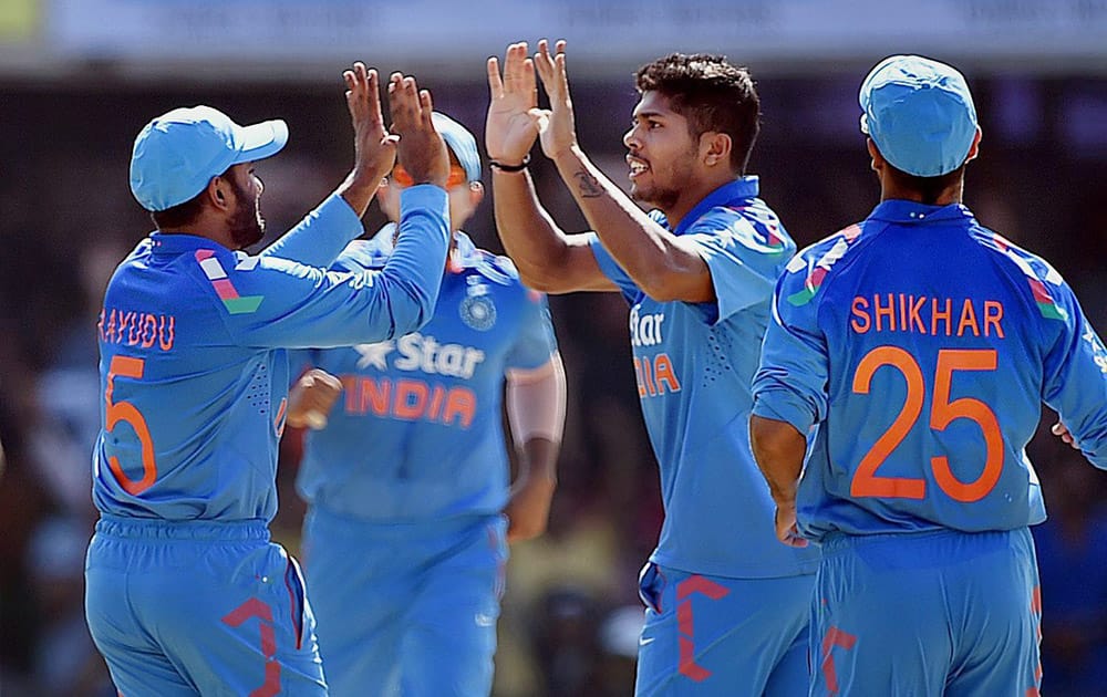 Players celebrate after taking the wicket of Srilankan batsman Kusal Parera during the India VS Sri Lanka ODI match in Ahmedabad.