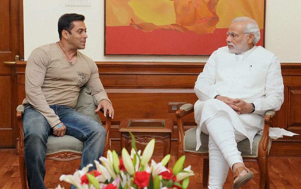 Prime Minister Narendra Modi with actor Salman Khan at a meeting in New Delhi.