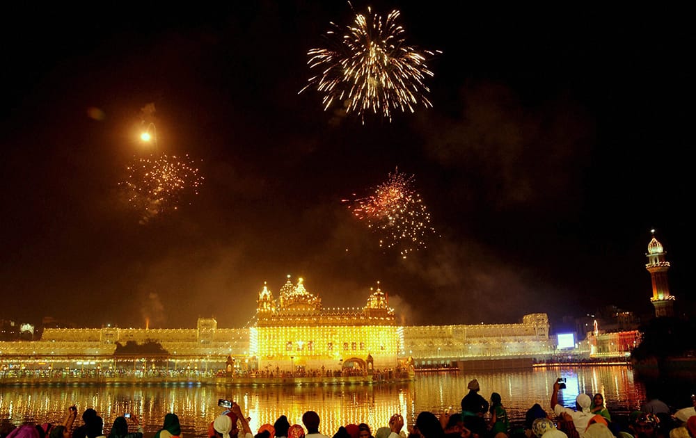 Fireworks at Golden Temple on the occasion of birth anniversary of Guru Nanak Devji in Amritsar.