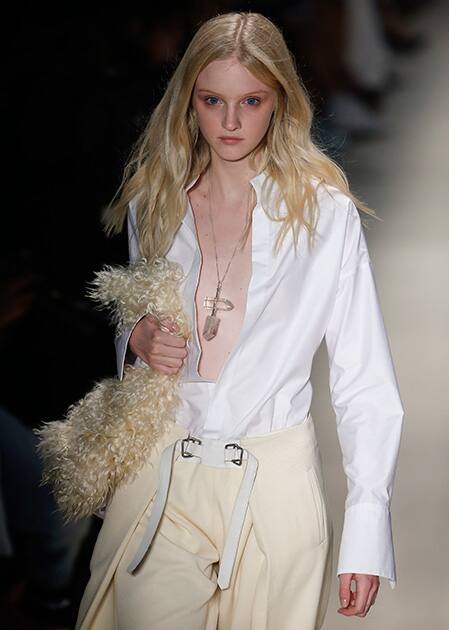 A model wears a creation from the Animale fall-winter collection during Sao Paulo fashion week, in Sao Paulo, Brazil.