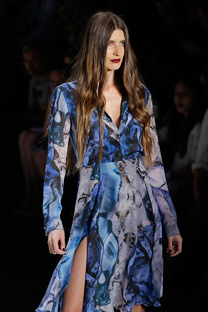 A model wears a creation from the TNG Winter collection during Sao Paulo Fashion Week in Sao Paulo, Brazil.