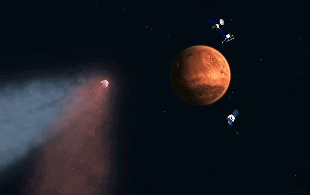 This handout artist's concept provided by NASA/JPL shows the Comet Siding Spring approaching Mars, shown with NASA’s orbiters preparing to make science observations of this unique encounter. A pristine distant comet created a once-in-eight-million-year fireworks show on Mars and no humans were there to witness it. 