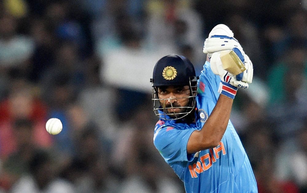 Ajinkya Rahane plays a shot against Sri Lanka in the third ODI in Hyderabad on Sunday