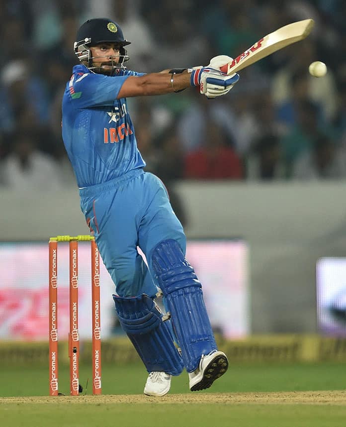 Indian captain Virat Kohli plays a shot during the 3rd ODI match against Sri Lanka at Hyderabad.