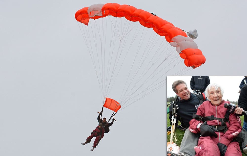 Eleanor Cunningham skydives with Saratoga Skydiving Adventures, in Gansevoort, N.Y., a day after her 100th birthday. It was Cunningham's third jump, after taking up the sport at age 90.