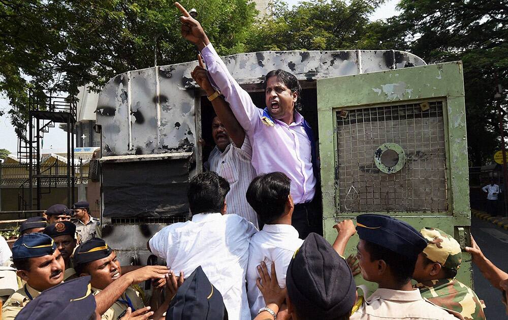 RPI workers protest against the Dalit triple murder case in Javkhed at Nagar district outside of Vidhan Bhavan in Mumbai.
