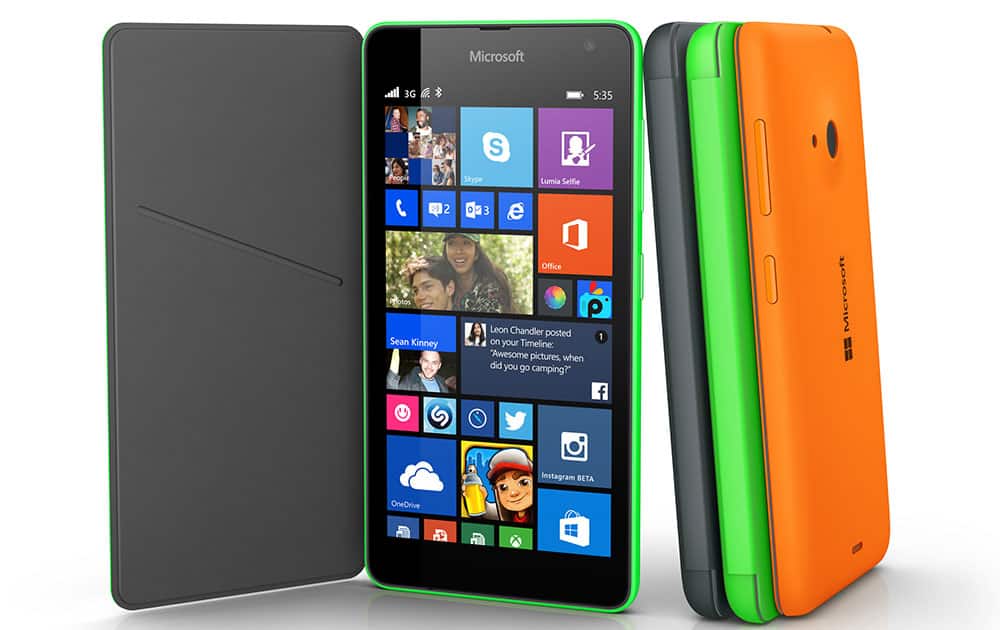This product image provided by Microsoft shows the Lumia 535 smartphone. The phone is the first Lumia phone under the Microsoft brand name, as the software company dropped the Nokia brand.