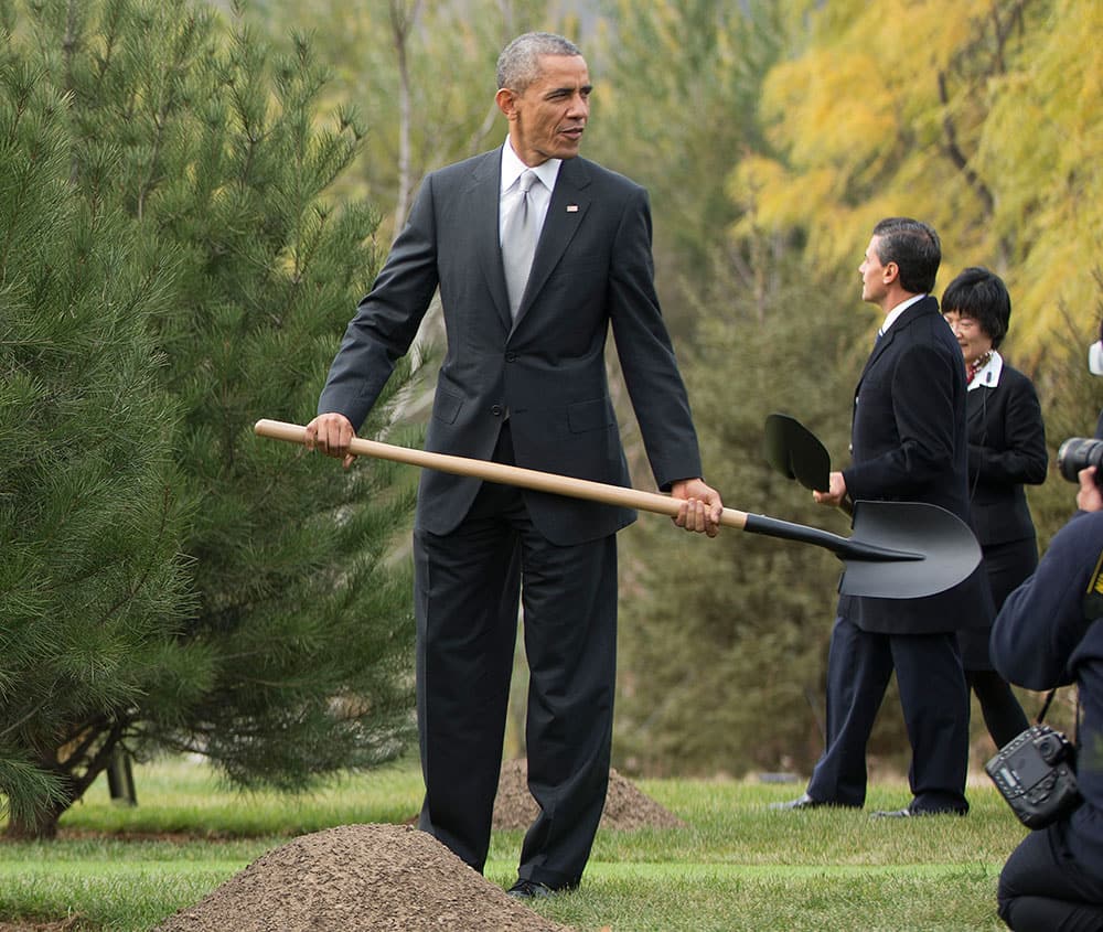 US President Barack Obama, and Mexican President Enrique Pena Nieto, hold shovels as they join other world leaders for a tree planting ceremony at Friendship Lawn, Yanqi Lake for the Asia-Pacific Economic Cooperation (APEC) Summit.