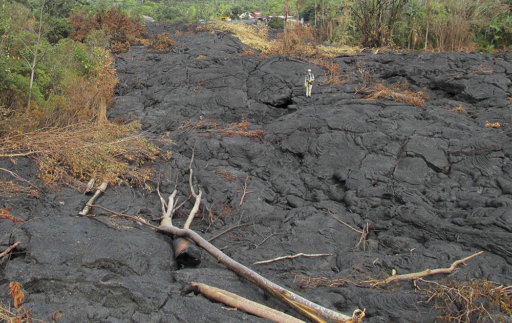 This photo provided by the US Geological Survey shows an unidentified geologist standing atop the lava flow from the Kilauea Volcano that began on June 27 near the Pahoa cemetery looking northeast toward houses on Pahoa Village Road on the Big Island of Hawaii.
