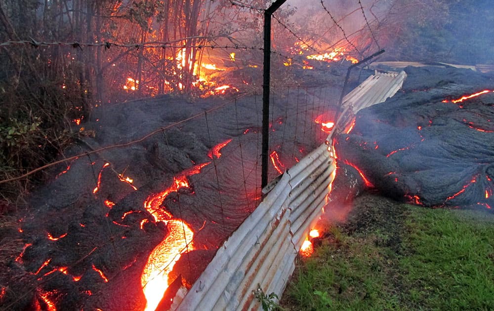This photo taken and released by the US Geological Survey, shows lava from an upstream lobe, that was active in the forest below the Pahoa cemetery, overcoming a fence marking a private property line near the town of Pahoa, Hawaii.