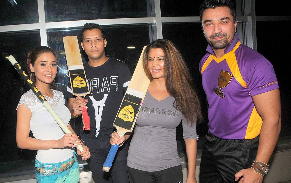 Rakhi Sawant, Ajaz Khan, Sara Khan and Mayank Singh duing the practice session for Box Cricket League team Rowdy Bangalore in Mumbai.