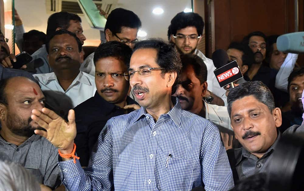 Shiv Sena chief Uddhav Thackeray coming out after a meeting of party legislators in Mumbai.