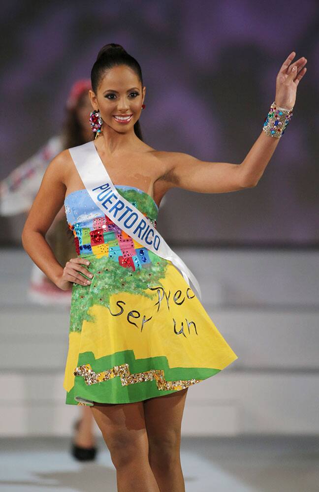 Miss Puerto Rico Valerie Hernandez Matias poses in the costume competition during the final of Miss International Beauty Pageant in Tokyo.