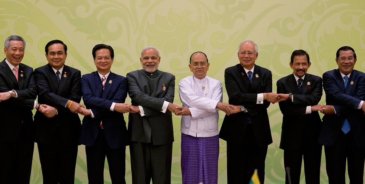 Prime Minister Narendra Modi, poses for a group photo with leaders of the Association of Southeast Asian Nations (ASEAN) during the 12th ASEAN-India summit at Myanmar International Convention Center in Naypyitaw, Myanmar.