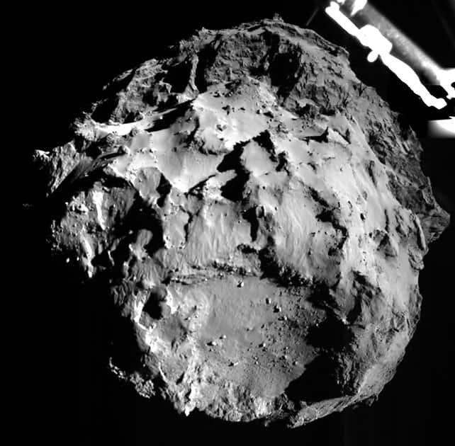The picture released by the European Space Agency, was taken by the ROLIS instrument on Rosetta's Philae lander during descent from a distance of approximately 3 km from the 4-kilometer-wide (2.5-mile-wide) 67P/Churyumov-Gerasimenko comet.