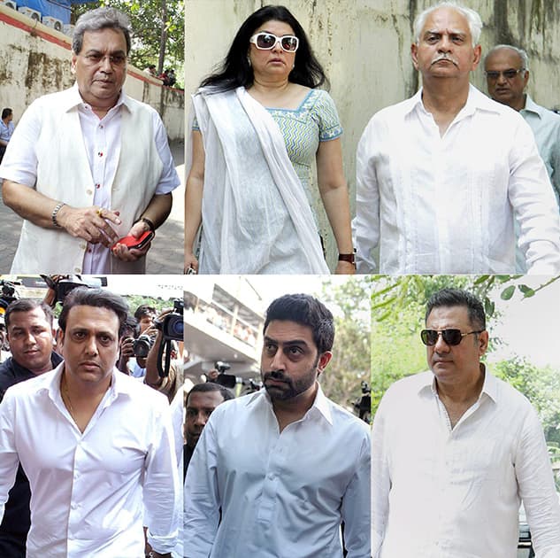 Bollywood celebs Subhash Ghai, Kiran Juneja, Ramesh Sippy, Govinda, Abhishek Bachchan and Boman Irani arrive to attend the funeral of filmmaker Ravi Chopra in Mumbai.