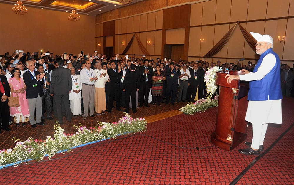 Prime Minister Narendra Modi addresses the Indian community reception at Nay Pyi Taw in Myanmar.