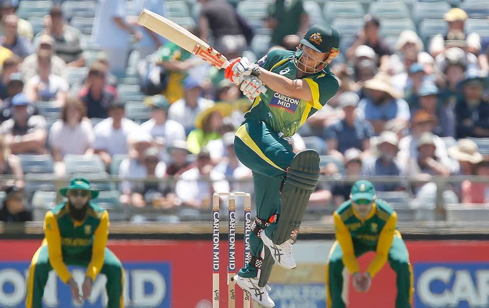 Australia's David Warner plays a hook shot during their one day international cricket match against South Africa in Perth, Australia.