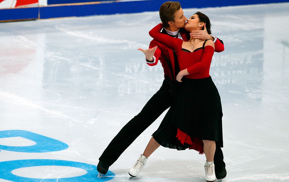 Russia's Elena Ilinykh and Ruslan Zhiganshin perform during the ice short dance at the Cup of Russia ISU Grand Prix figure skating event in Moscow, Russia.