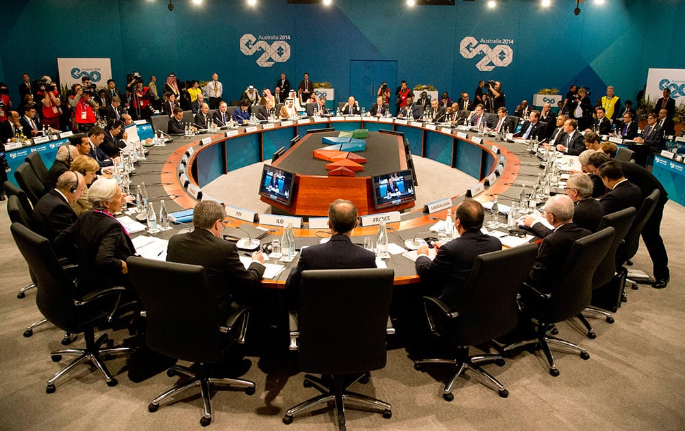 Leaders meet during a plenary session at the G-20 summit in Brisbane, Australia.