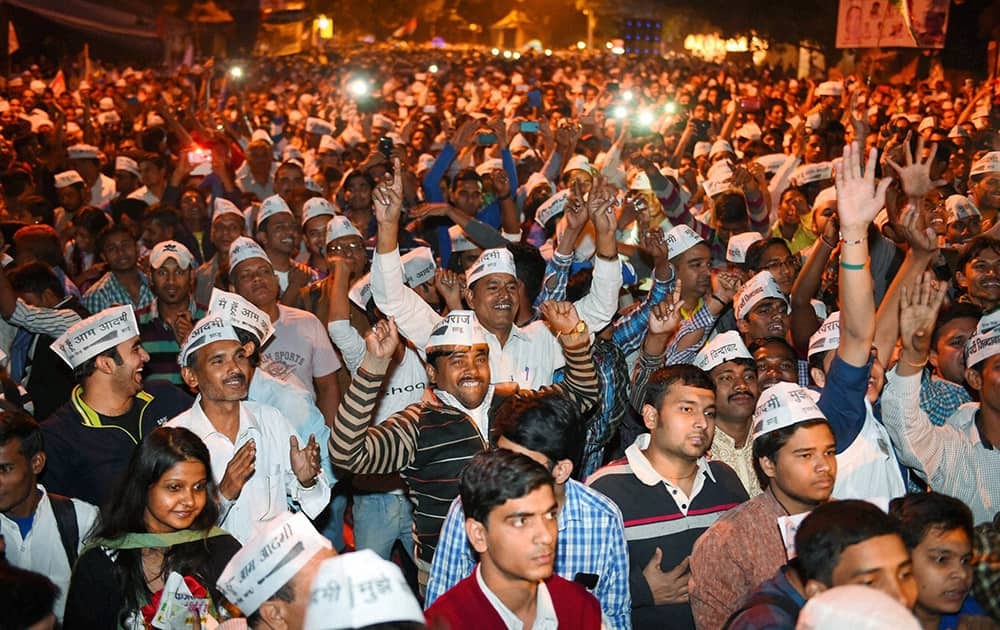 AAP supporters at the launch of partys Delhi Dialogue, to interact with people from different fields, ahead of the Assembly elections in New Delhi.