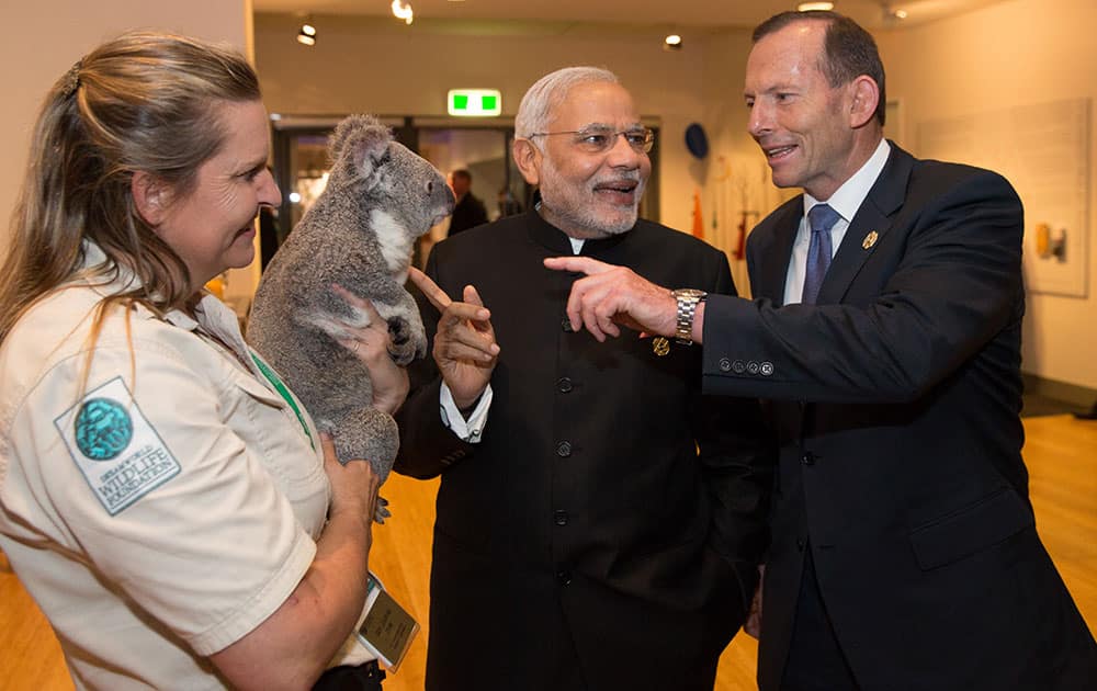AUSTRALIAN PRIME MINISTER TONY ABBOTT AND PRIME MINISTER OF INDIA NARENDRA MODI GESTURE AS THEY ARE INTRODUCED TO A KOALA HELD BY MICHELE BARNES DURING A PHOTO OPPORTUNITY ON THE SIDELINES OF THE G-20 SUMMIT IN BRISBANE, AUSTRALIA.