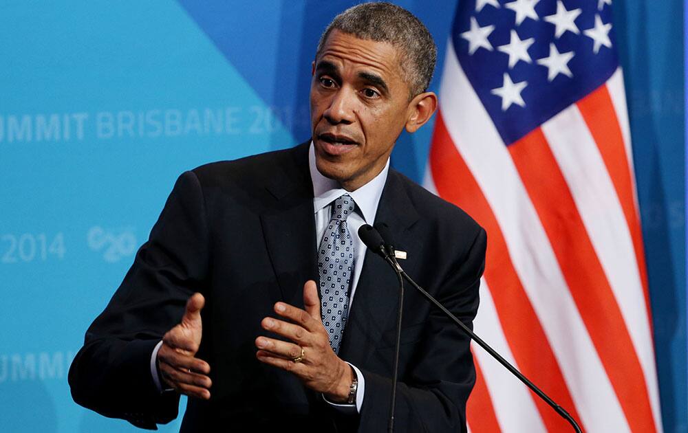 US President Barak Obama gestures as he answers a question from the media during a press conference at the conclusion of the G-20 summit in Brisbane, Australia.