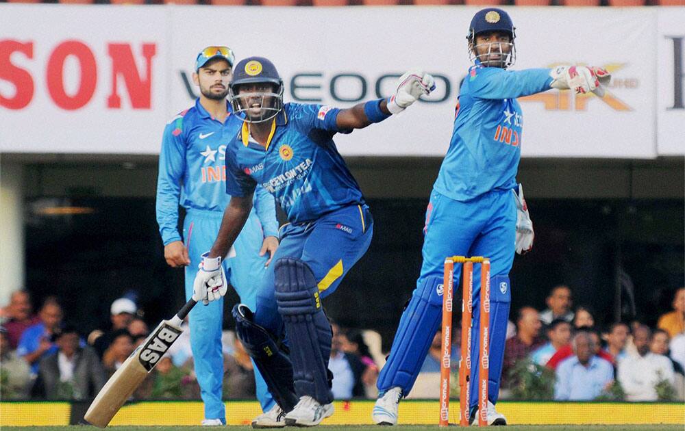 Sri Lankas A Mathews in action during 5th ODI match aganist India in Ranchi.