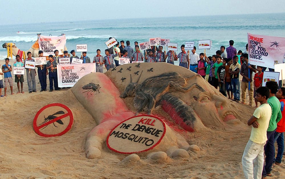 Sand artist Sudarsan Pattnaik creates a sand sculpture on Dengue awareness with message Kill the Dengue mosquito at Puri beach of Odisha.