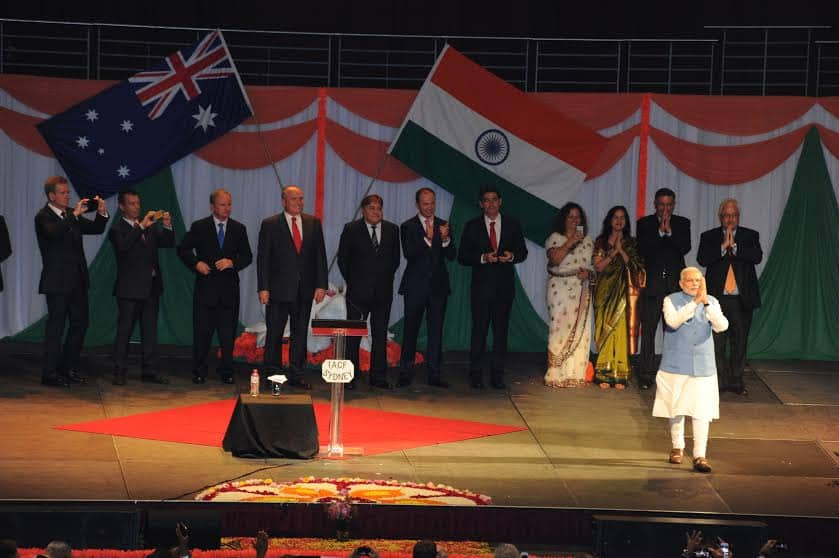 PM Shri @narendramodi greeting the gathering in the Community Reception at Allphones Arena, Sydney -twitter