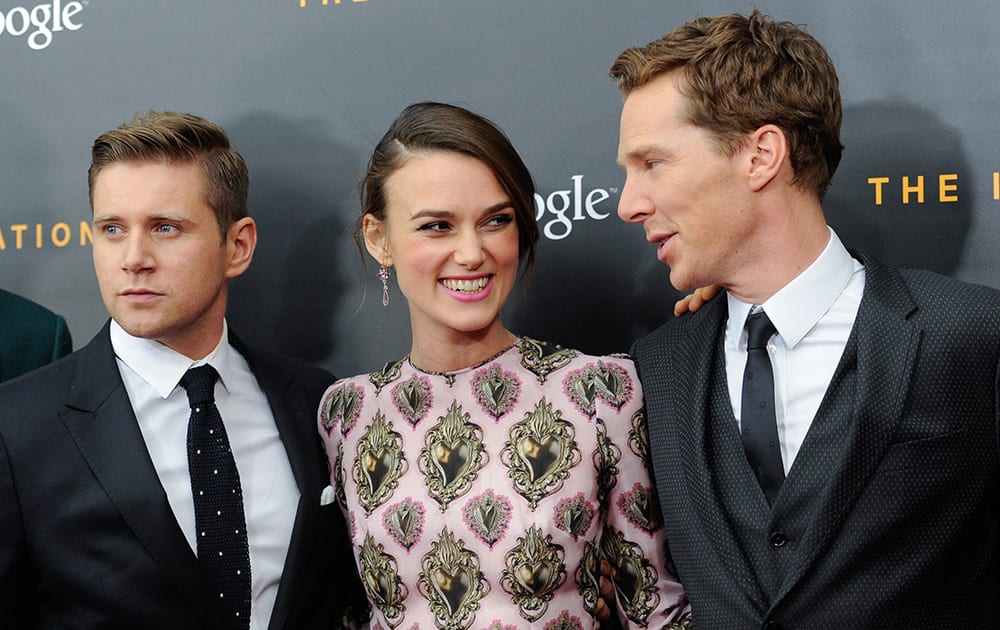 Actors Allen Leech, Keira Knightley and Benedict Cumberbatch attend the premiere of 'The Imitation Game' at Ziegfeld Theatre, in New York.